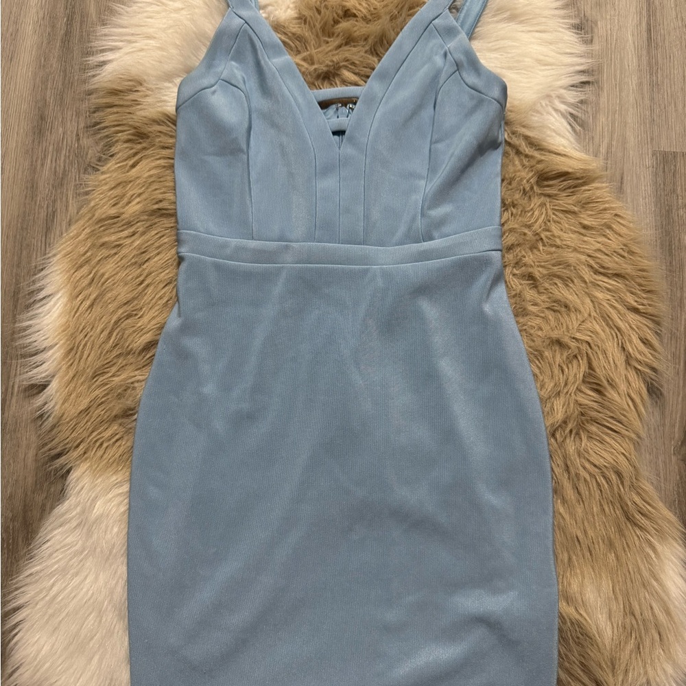 Guess Light Blue V-Neck Midi Bodycon Dress